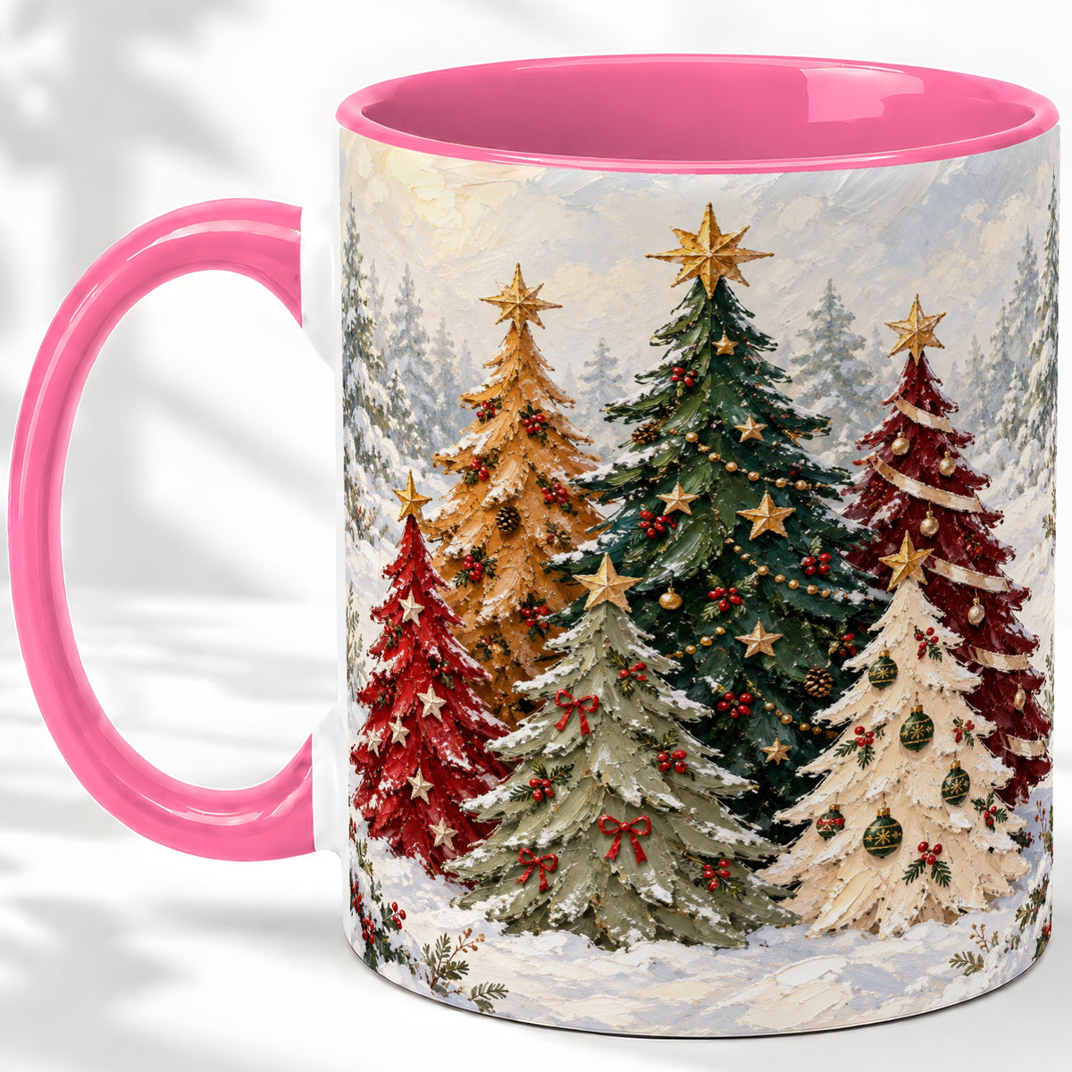 #pl[11oz|Pink] Colorful Christmas Trees Accent Ceramic Mug, Oil Painting Style
