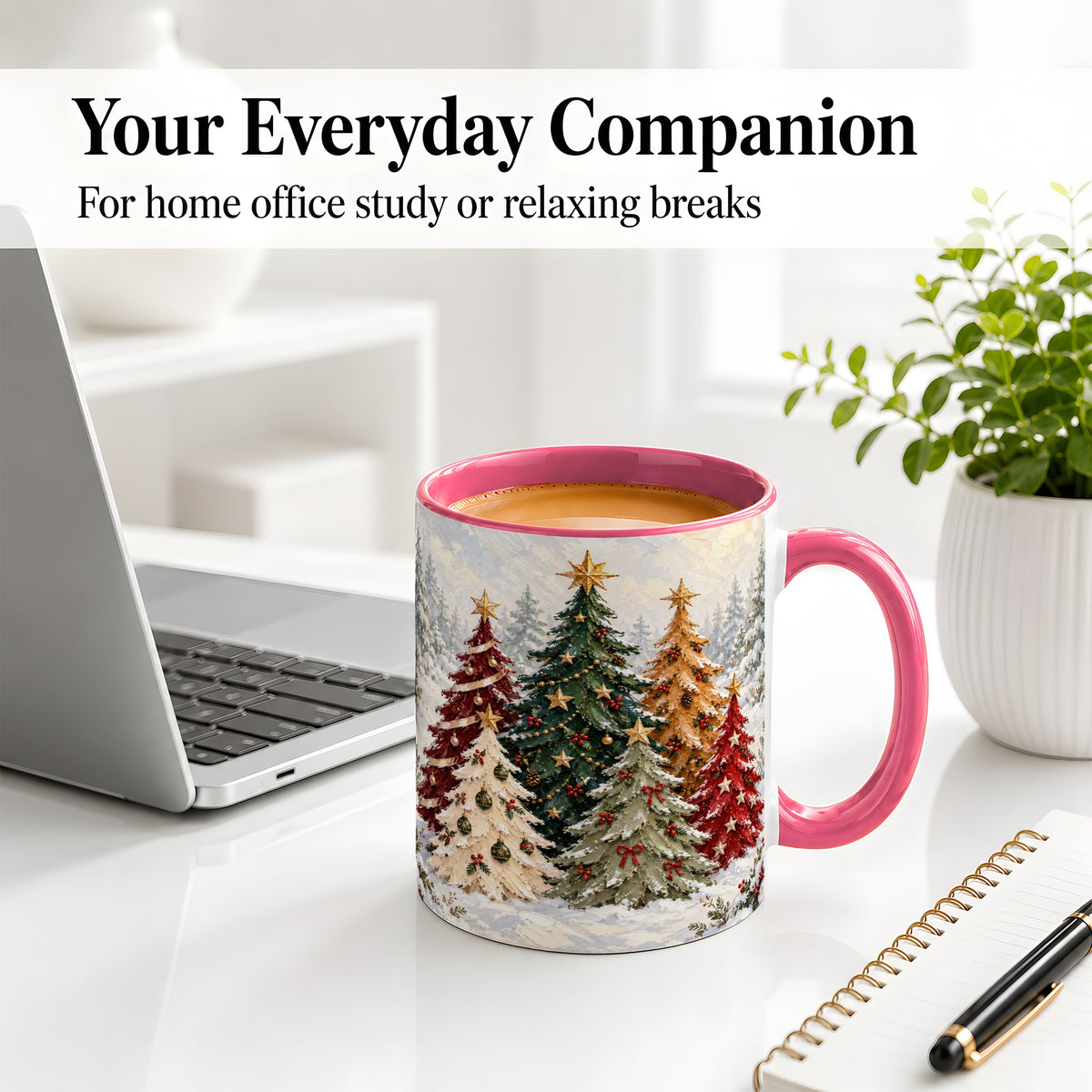 #pl[11oz|Pink] Colorful Christmas Trees Accent Ceramic Mug, Oil Painting Style