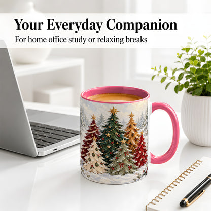 #pl[11oz|Pink] Colorful Christmas Trees Accent Ceramic Mug, Oil Painting Style