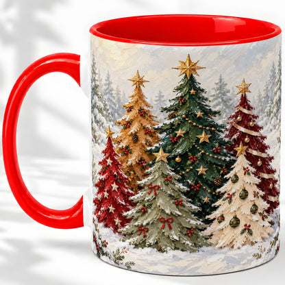 Colorful Christmas Trees Accent Ceramic Mug, Oil Painting Style