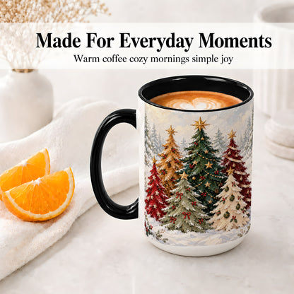 #pl[15oz|Black] Colorful Christmas Trees Accent Ceramic Mug, Oil Painting Style