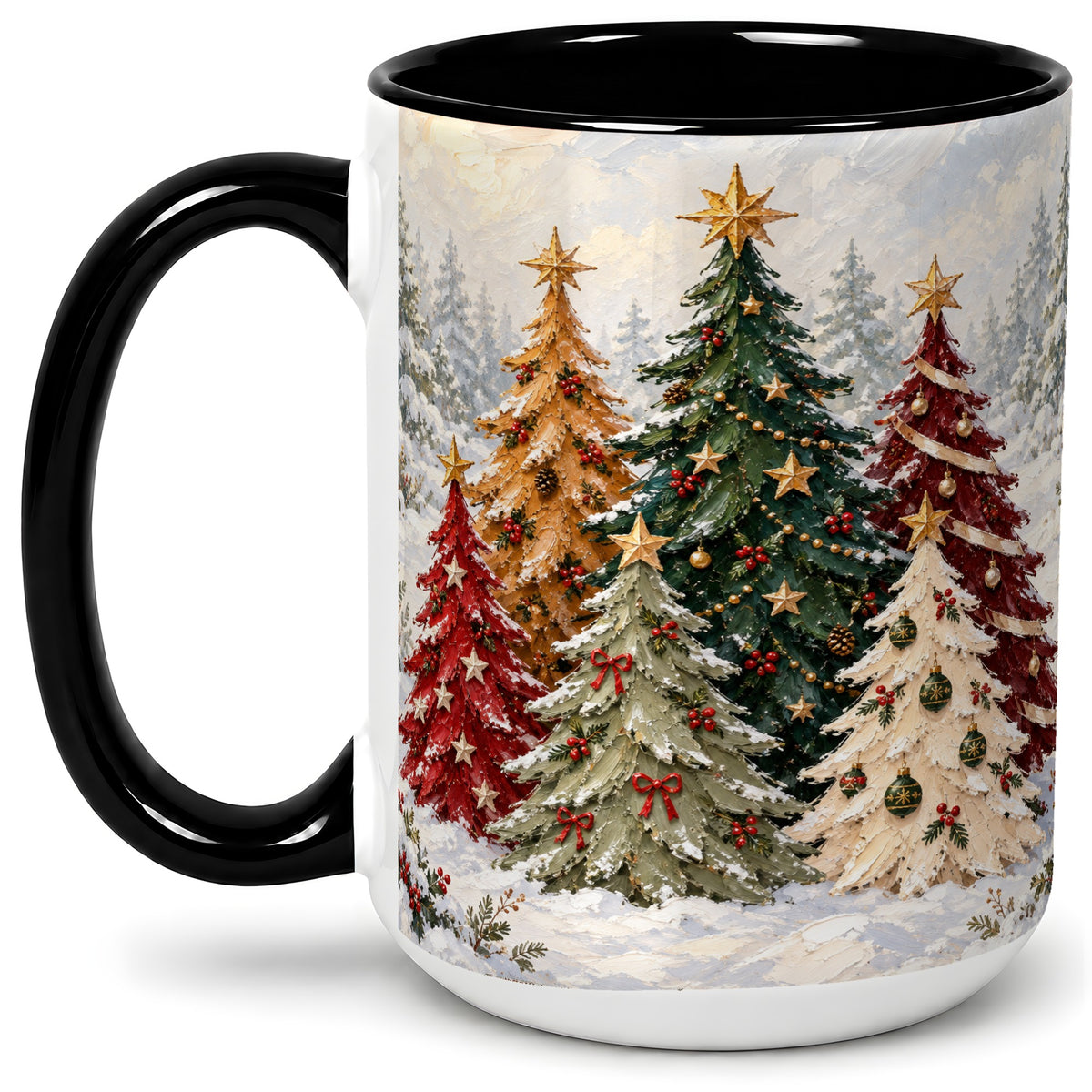 #pl[15oz|Black] Colorful Christmas Trees Accent Ceramic Mug, Oil Painting Style
