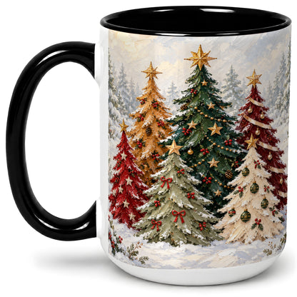 #pl[15oz|Black] Colorful Christmas Trees Accent Ceramic Mug, Oil Painting Style