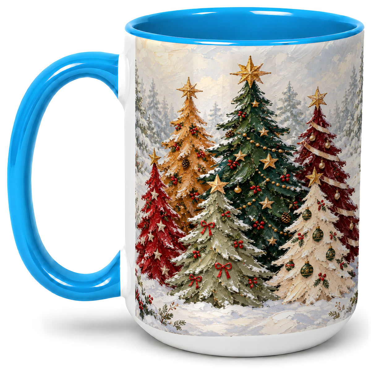 #pl[15oz|Blue] Colorful Christmas Trees Accent Ceramic Mug, Oil Painting Style