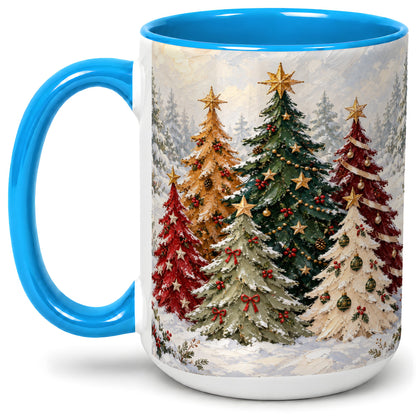 #pl[15oz|Blue] Colorful Christmas Trees Accent Ceramic Mug, Oil Painting Style