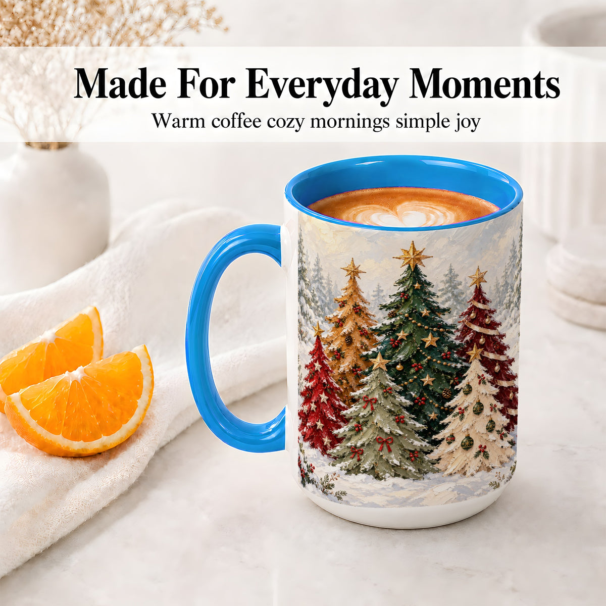 #pl[15oz|Blue] Colorful Christmas Trees Accent Ceramic Mug, Oil Painting Style