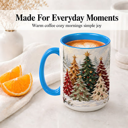 #pl[15oz|Blue] Colorful Christmas Trees Accent Ceramic Mug, Oil Painting Style