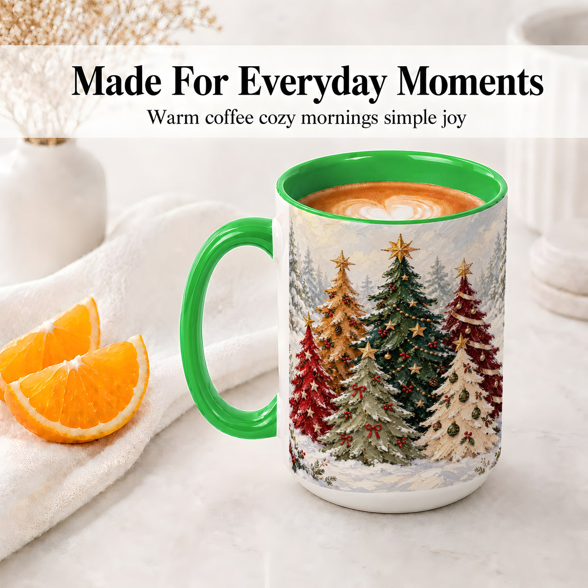 #pl[15oz|Green] Colorful Christmas Trees Accent Ceramic Mug, Oil Painting Style