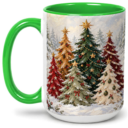 #pl[15oz|Green] Colorful Christmas Trees Accent Ceramic Mug, Oil Painting Style