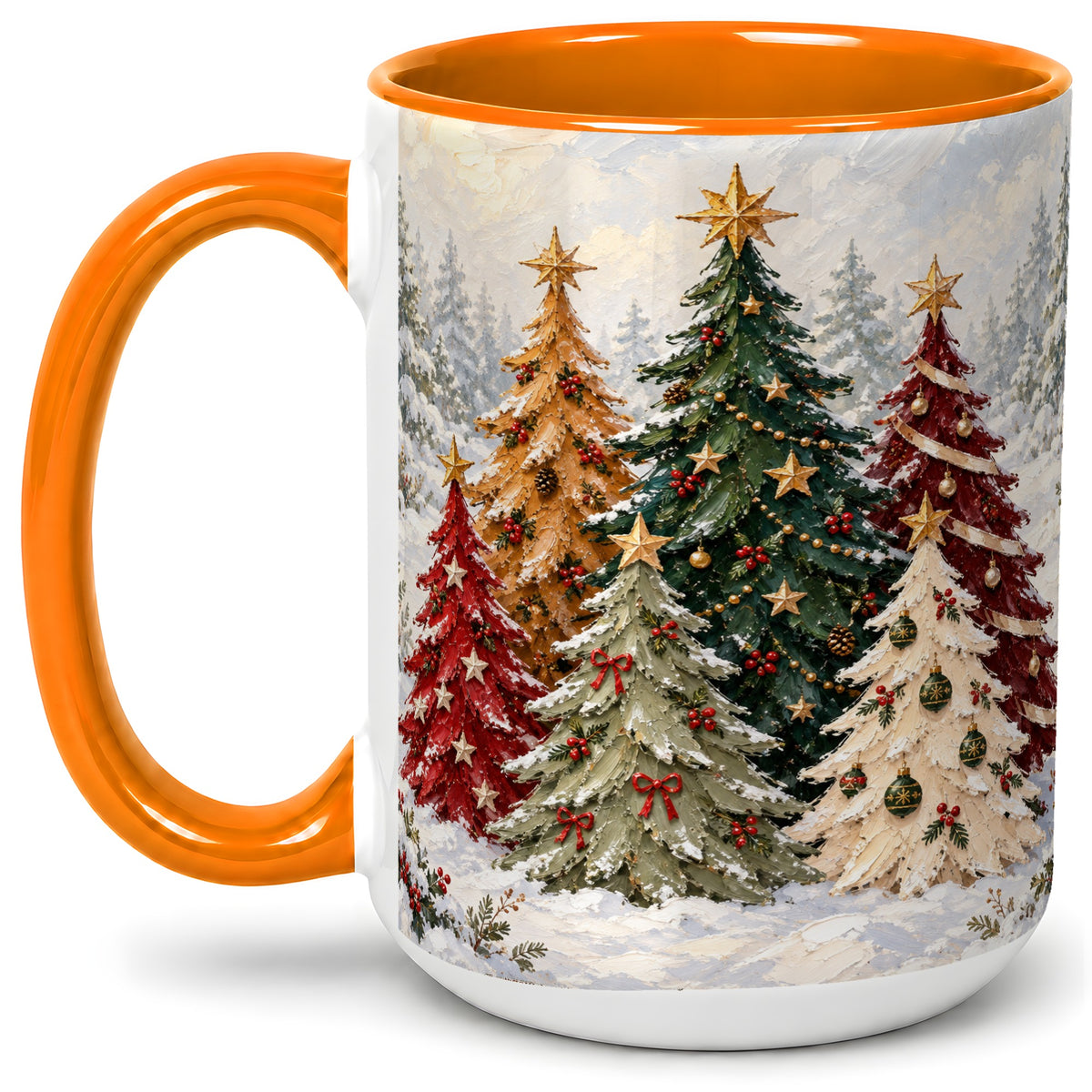 #pl[15oz|Orange] Colorful Christmas Trees Accent Ceramic Mug, Oil Painting Style