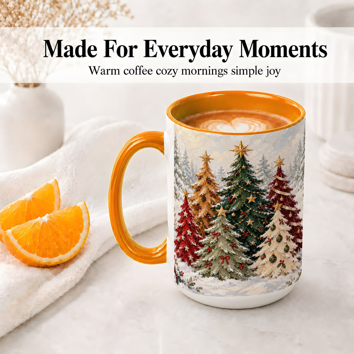 #pl[15oz|Orange] Colorful Christmas Trees Accent Ceramic Mug, Oil Painting Style