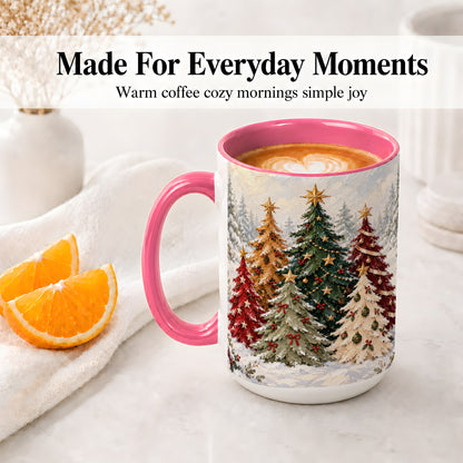 #pl[15oz|Pink] Colorful Christmas Trees Accent Ceramic Mug, Oil Painting Style