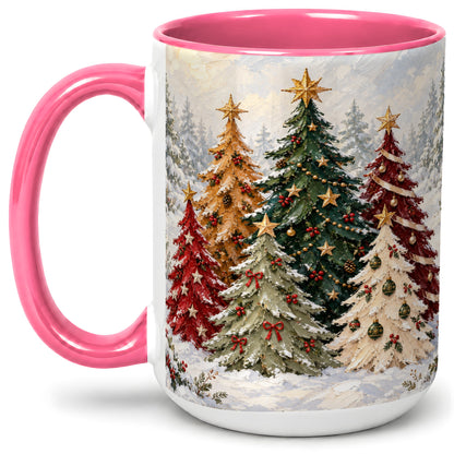 #pl[15oz|Pink] Colorful Christmas Trees Accent Ceramic Mug, Oil Painting Style