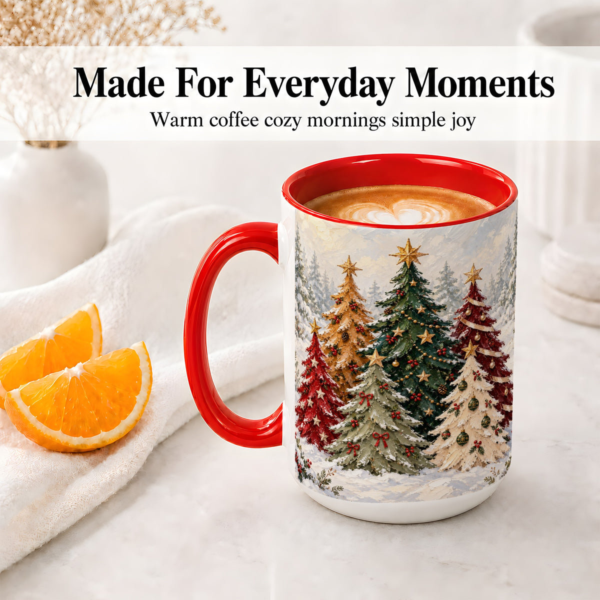 #pl[15oz|Red] Colorful Christmas Trees Accent Ceramic Mug, Oil Painting Style