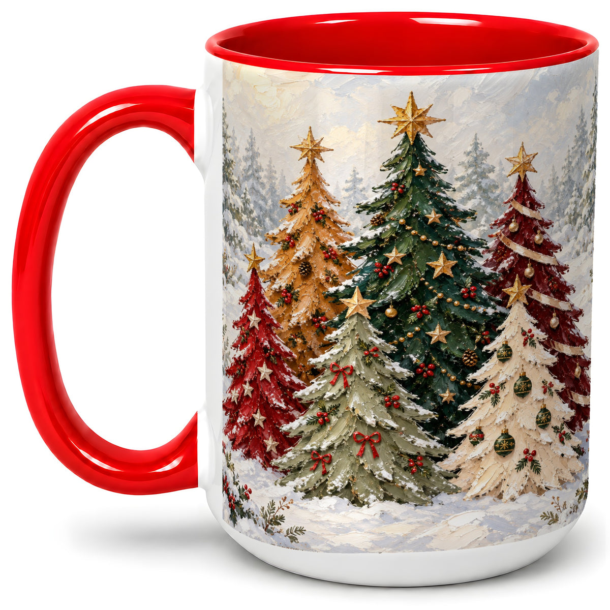 #pl[15oz|Red] Colorful Christmas Trees Accent Ceramic Mug, Oil Painting Style