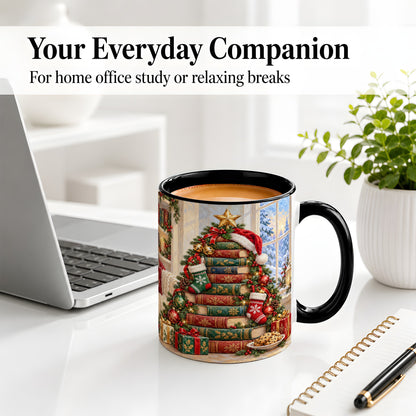 #pl[11oz|Black] Christmas Book Tree Accent Ceramic Mug, Oil Painting Style