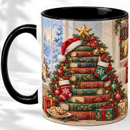 #pl[11oz|Black] Christmas Book Tree Accent Ceramic Mug, Oil Painting Style
