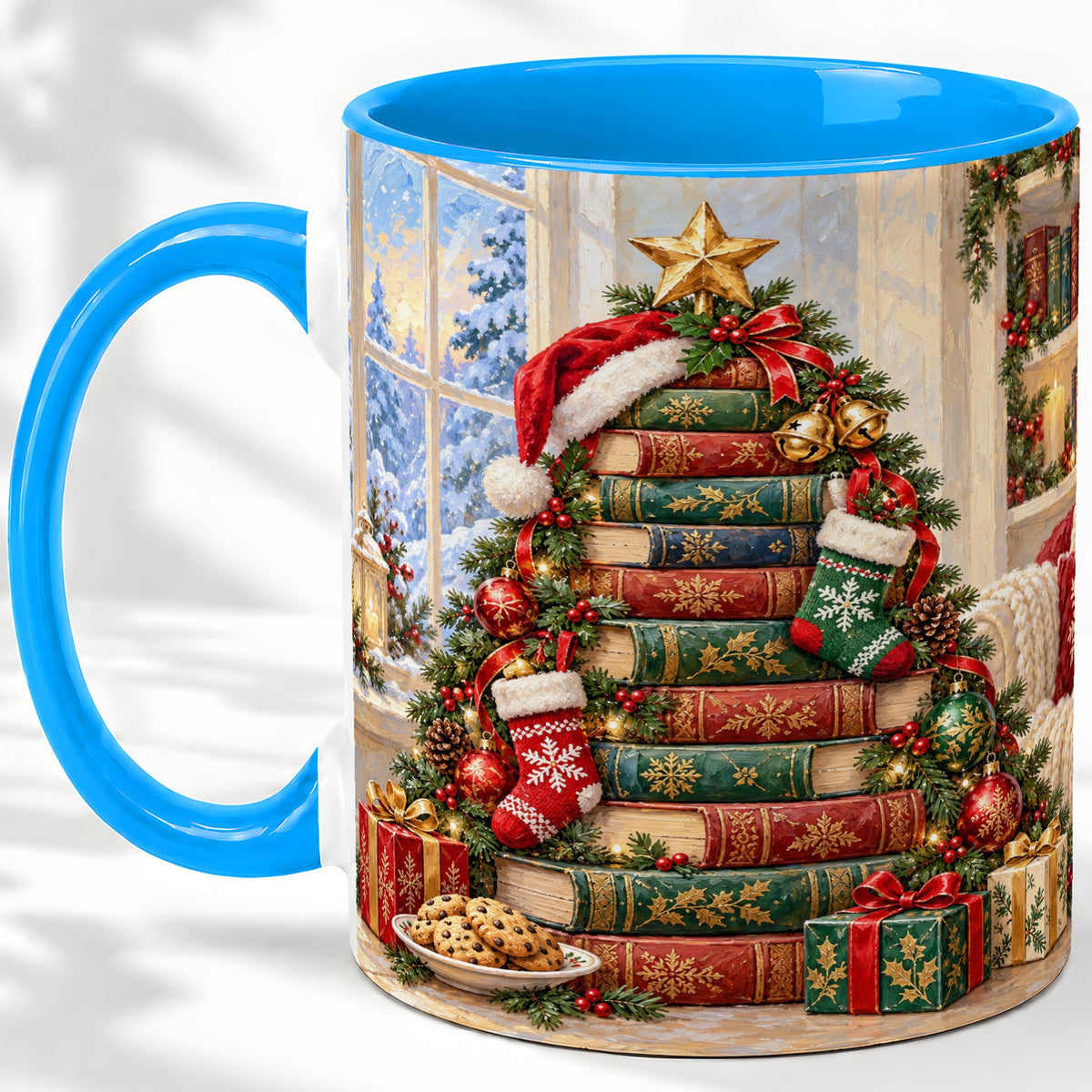 #pl[11oz|Blue] Christmas Book Tree Accent Ceramic Mug, Oil Painting Style