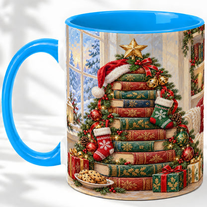#pl[11oz|Blue] Christmas Book Tree Accent Ceramic Mug, Oil Painting Style