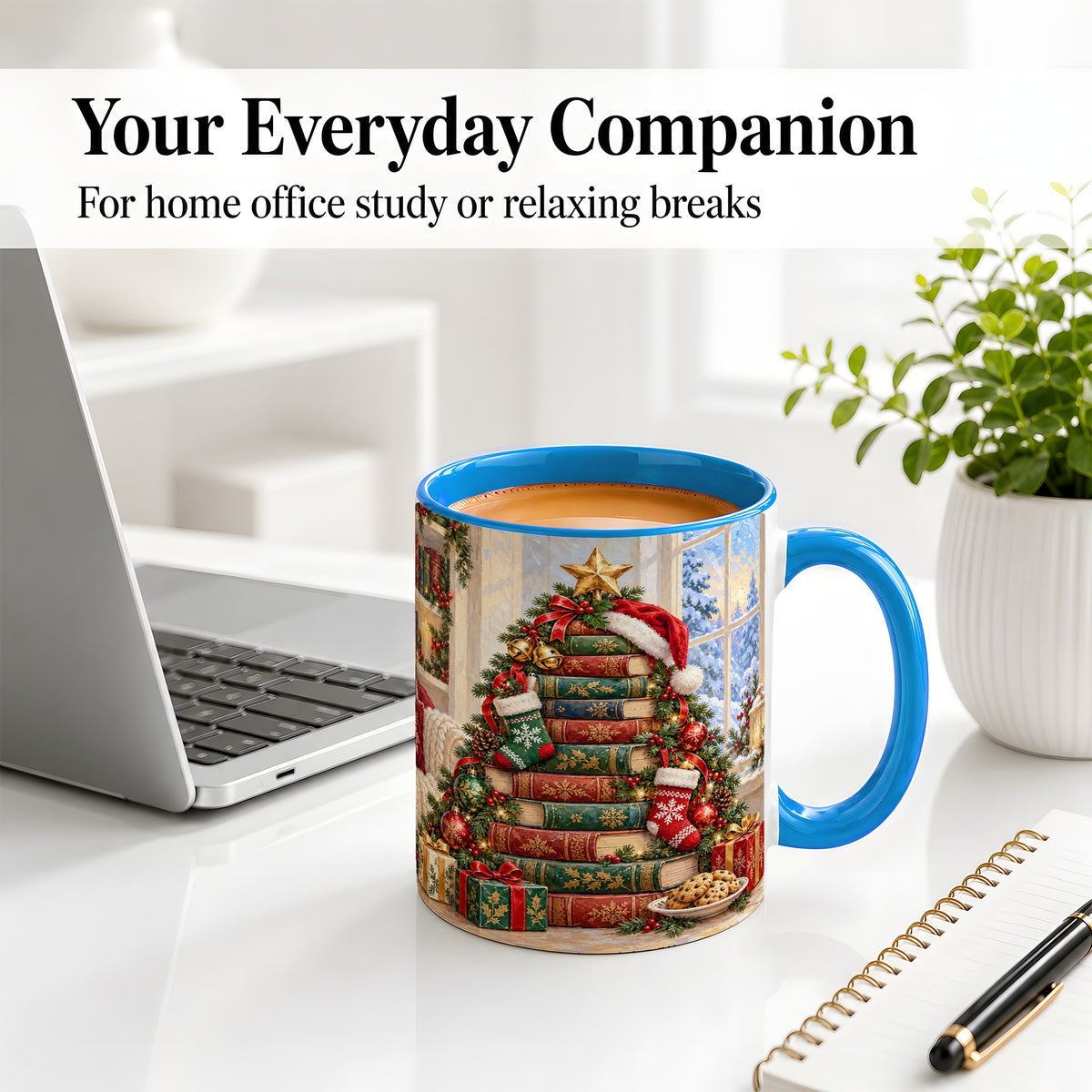 #pl[11oz|Blue] Christmas Book Tree Accent Ceramic Mug, Oil Painting Style