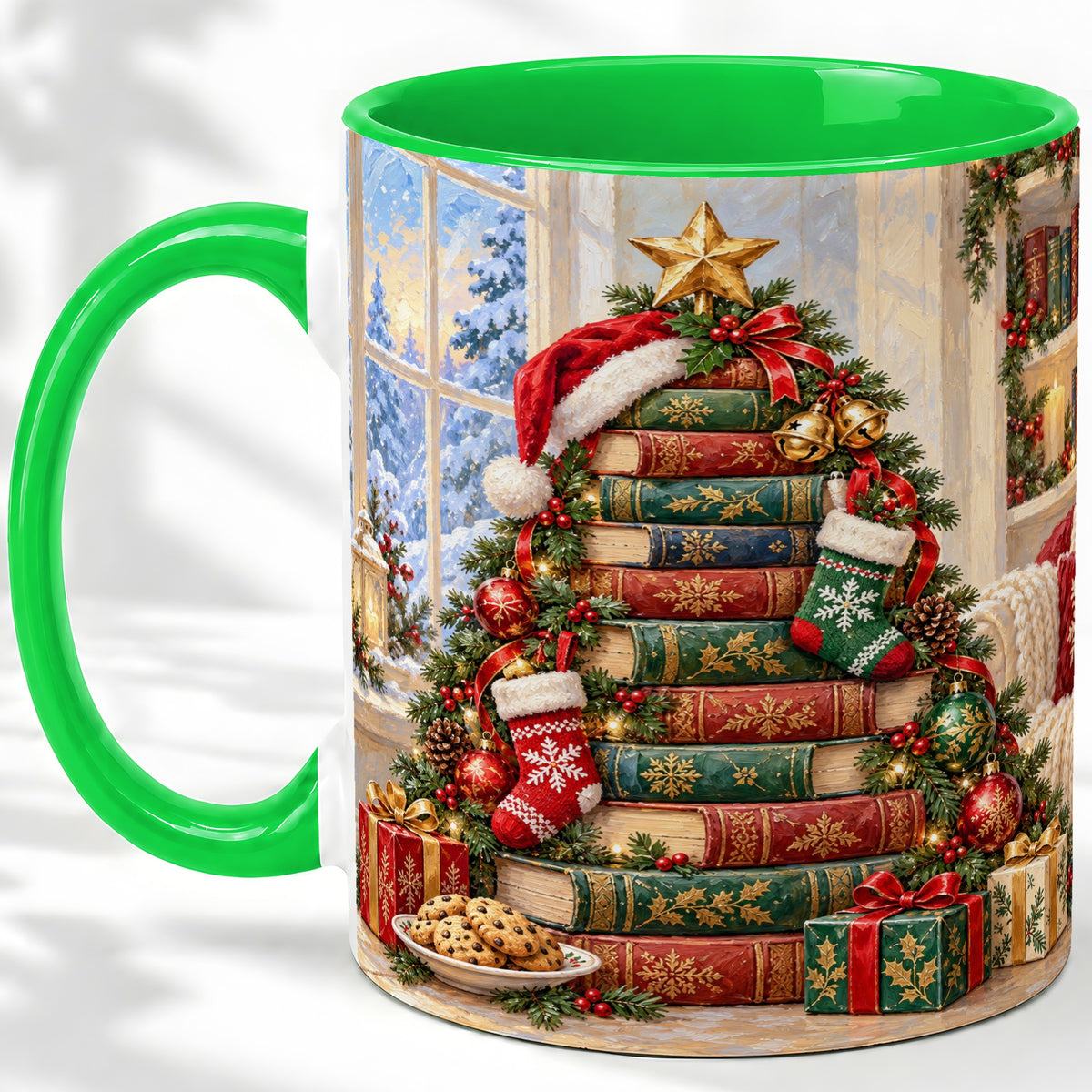 #pl[11oz|Green] Christmas Book Tree Accent Ceramic Mug, Oil Painting Style