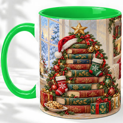 #pl[11oz|Green] Christmas Book Tree Accent Ceramic Mug, Oil Painting Style