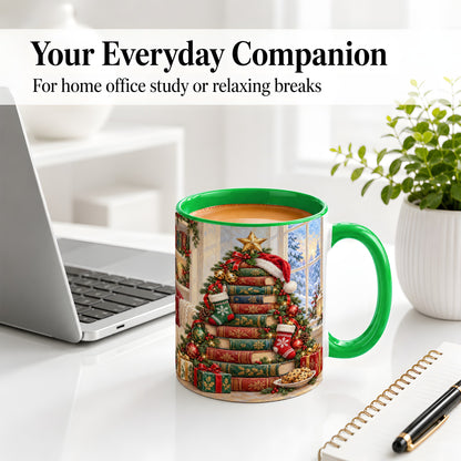 #pl[11oz|Green] Christmas Book Tree Accent Ceramic Mug, Oil Painting Style