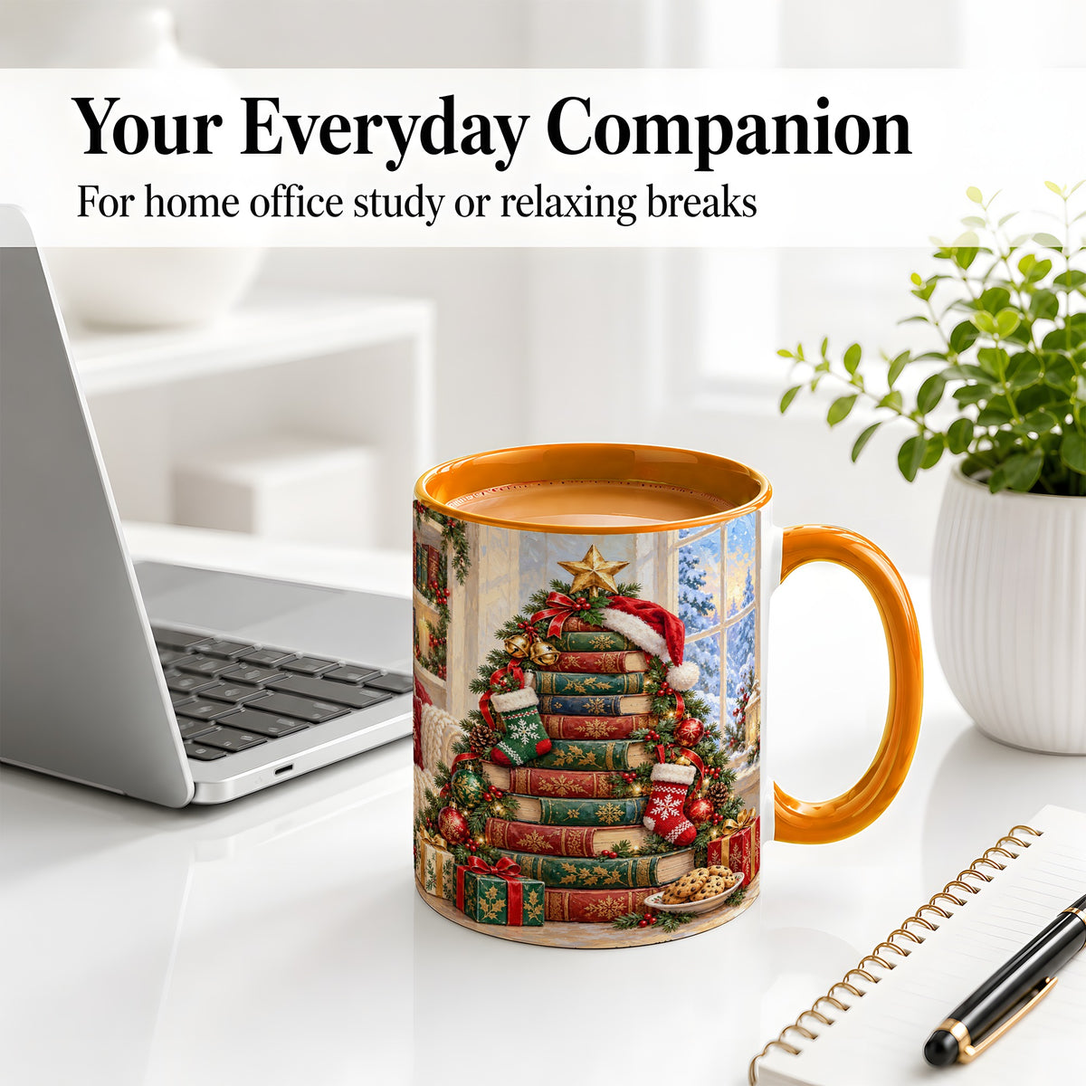 #pl[11oz|Orange] Christmas Book Tree Accent Ceramic Mug, Oil Painting Style
