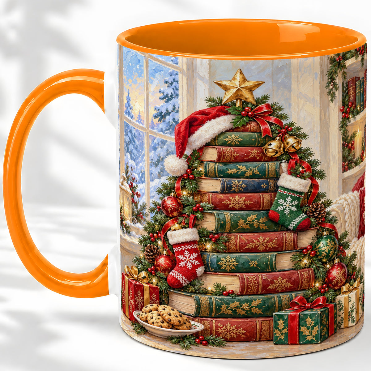 #pl[11oz|Orange] Christmas Book Tree Accent Ceramic Mug, Oil Painting Style