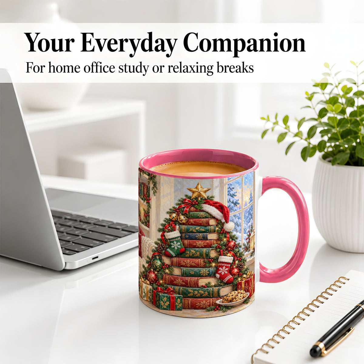#pl[11oz|Pink] Christmas Book Tree Accent Ceramic Mug, Oil Painting Style