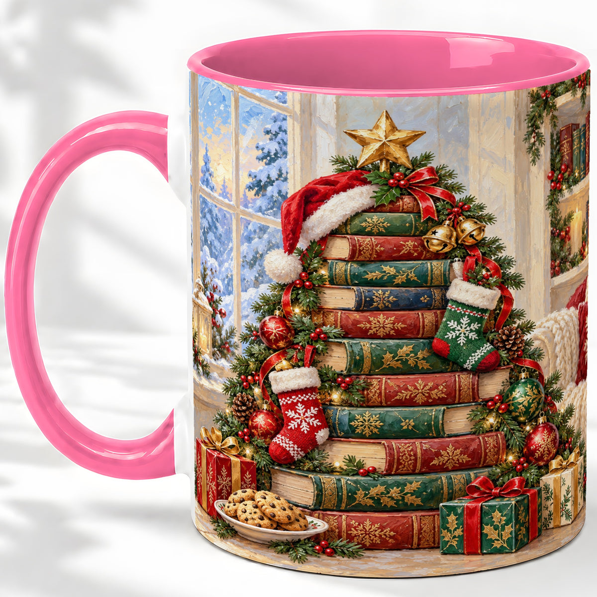 #pl[11oz|Pink] Christmas Book Tree Accent Ceramic Mug, Oil Painting Style