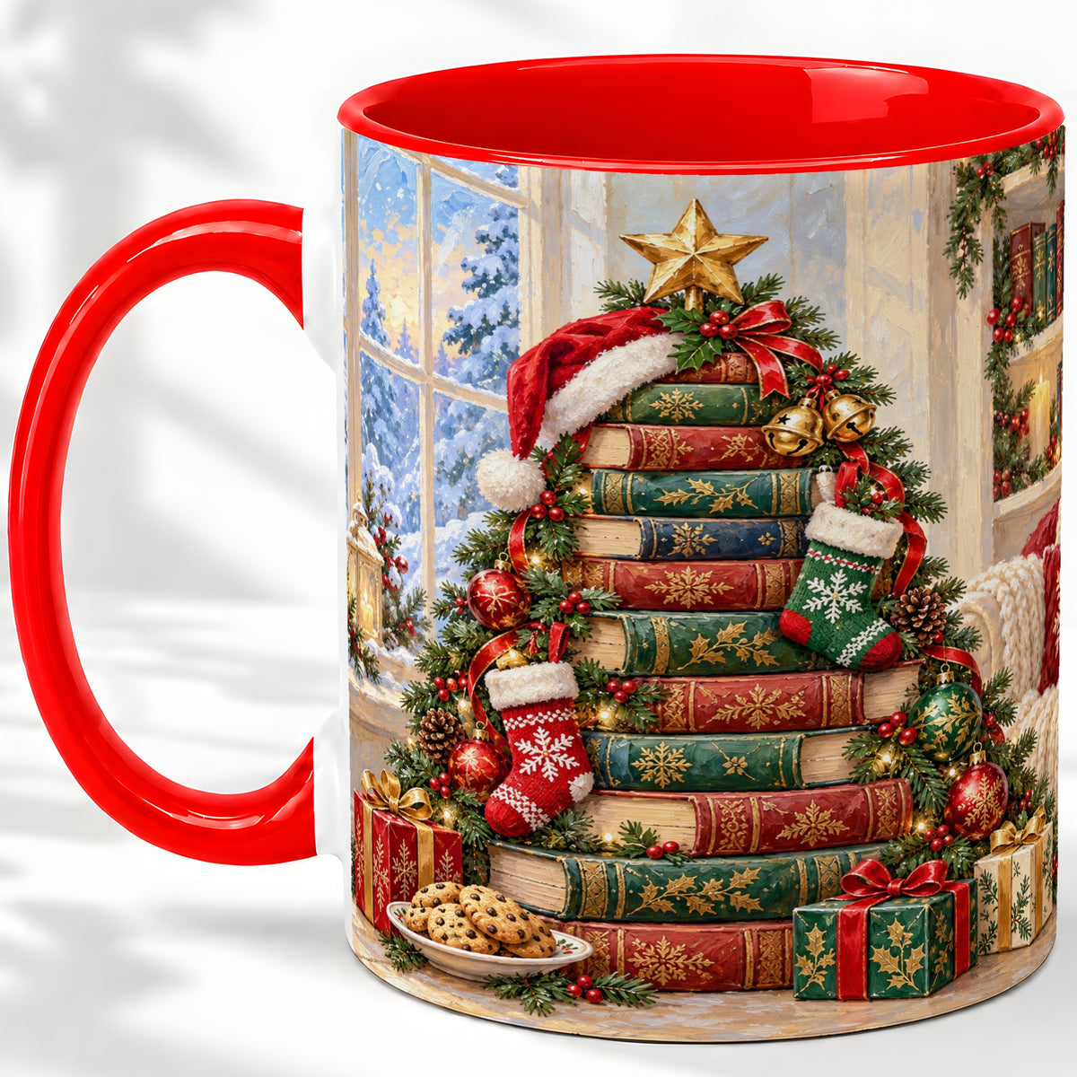 Christmas Book Tree Accent Ceramic Mug, Oil Painting Style
