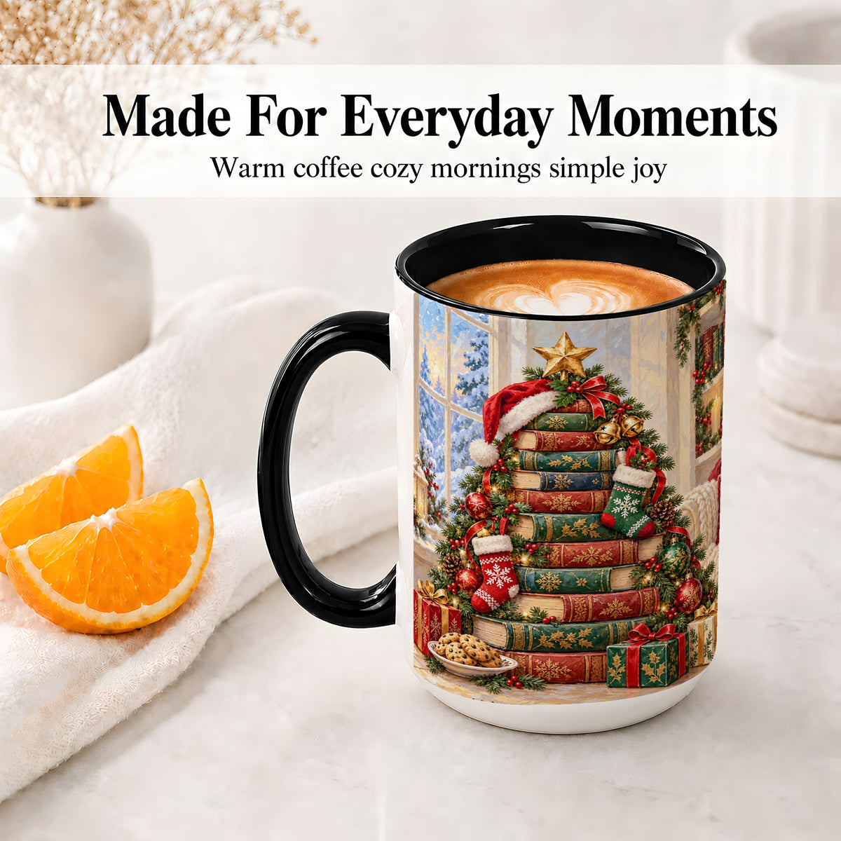 #pl[15oz|Black] Christmas Book Tree Accent Ceramic Mug, Oil Painting Style