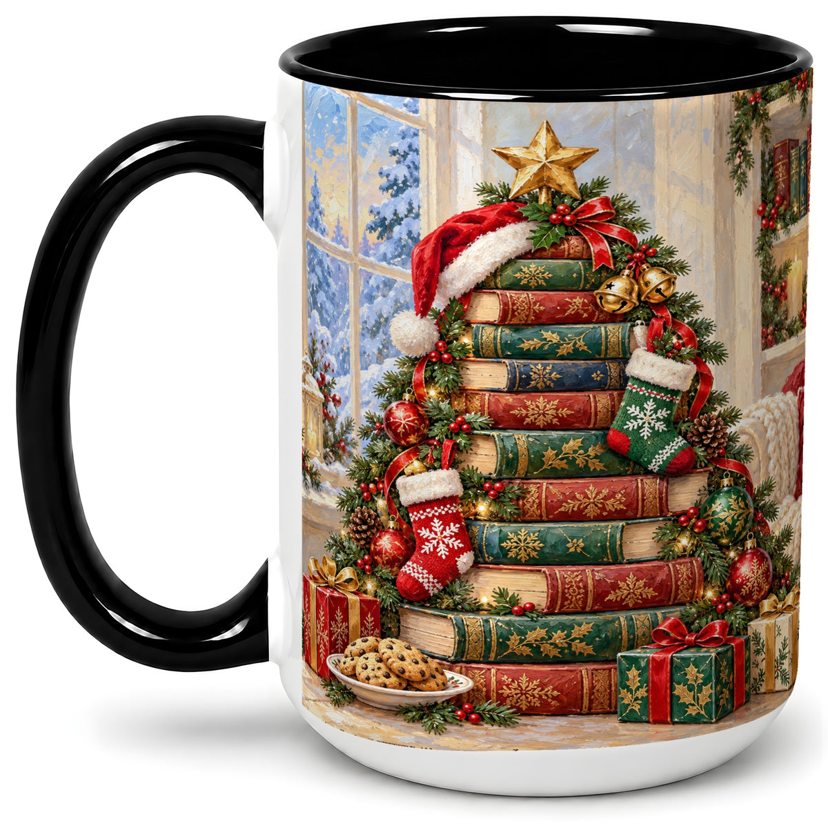#pl[15oz|Black] Christmas Book Tree Accent Ceramic Mug, Oil Painting Style