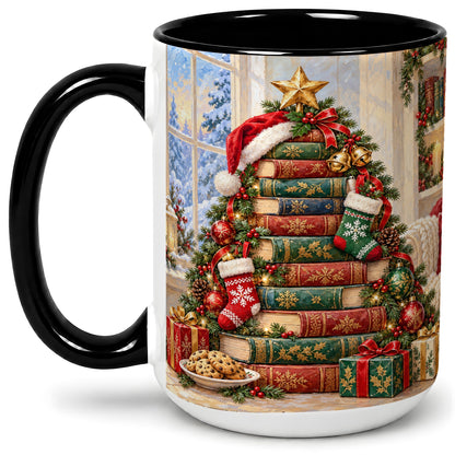 #pl[15oz|Black] Christmas Book Tree Accent Ceramic Mug, Oil Painting Style