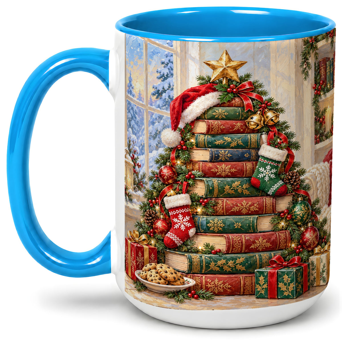 #pl[15oz|Blue] Christmas Book Tree Accent Ceramic Mug, Oil Painting Style