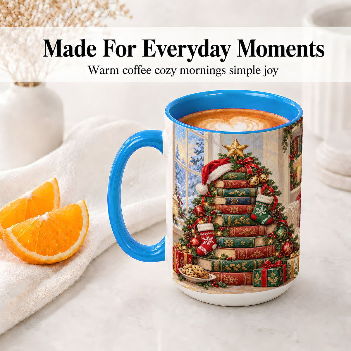 #pl[15oz|Blue] Christmas Book Tree Accent Ceramic Mug, Oil Painting Style
