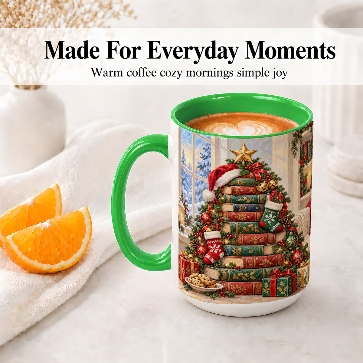 #pl[15oz|Green] Christmas Book Tree Accent Ceramic Mug, Oil Painting Style