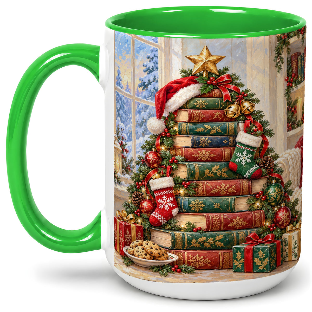 #pl[15oz|Green] Christmas Book Tree Accent Ceramic Mug, Oil Painting Style