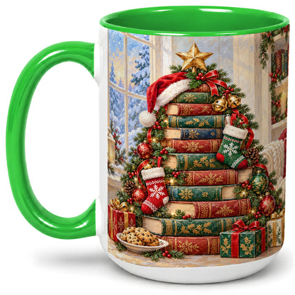 #pl[15oz|Green] Christmas Book Tree Accent Ceramic Mug, Oil Painting Style