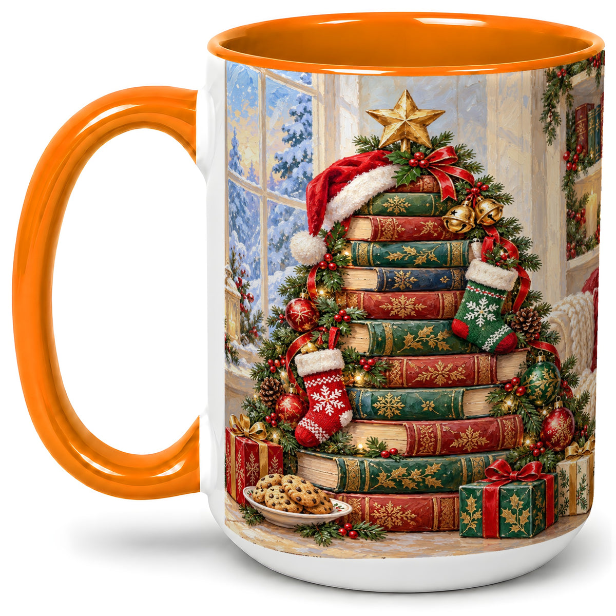 #pl[15oz|Orange] Christmas Book Tree Accent Ceramic Mug, Oil Painting Style