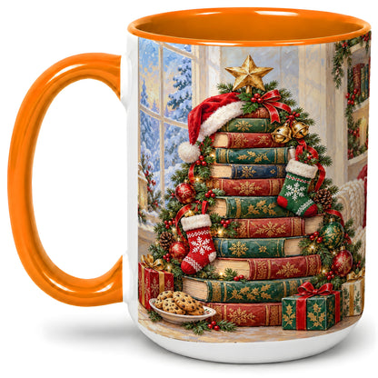 #pl[15oz|Orange] Christmas Book Tree Accent Ceramic Mug, Oil Painting Style
