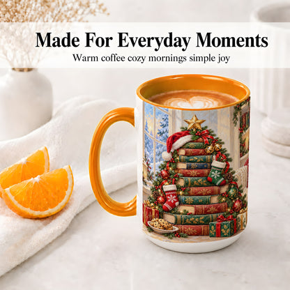#pl[15oz|Orange] Christmas Book Tree Accent Ceramic Mug, Oil Painting Style