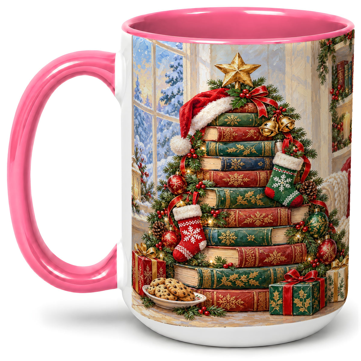 #pl[15oz|Pink] Christmas Book Tree Accent Ceramic Mug, Oil Painting Style