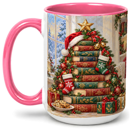 #pl[15oz|Pink] Christmas Book Tree Accent Ceramic Mug, Oil Painting Style