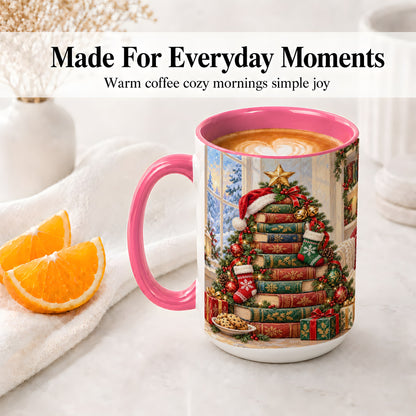 #pl[15oz|Pink] Christmas Book Tree Accent Ceramic Mug, Oil Painting Style