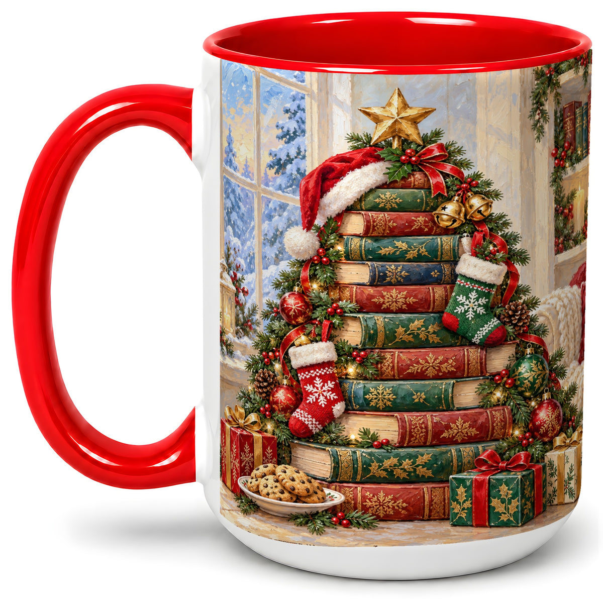 #pl[15oz|Red] Christmas Book Tree Accent Ceramic Mug, Oil Painting Style