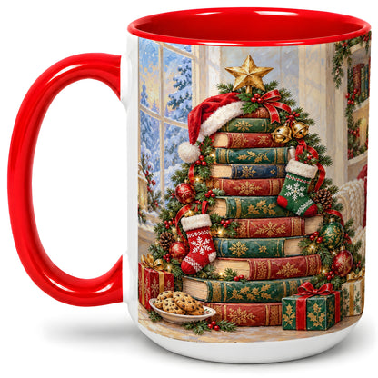 #pl[15oz|Red] Christmas Book Tree Accent Ceramic Mug, Oil Painting Style