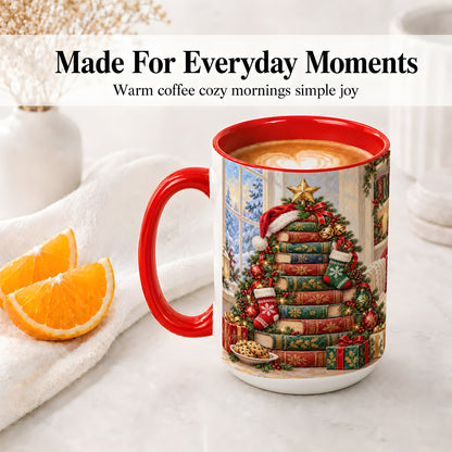 #pl[15oz|Red] Christmas Book Tree Accent Ceramic Mug, Oil Painting Style