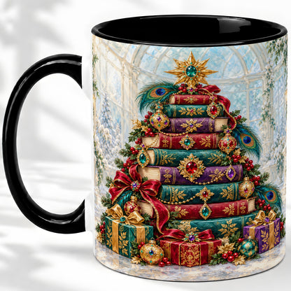 #pl[11oz|Black] Jeweled Christmas Book Tree Accent Ceramic Mug, Oil Painting Style